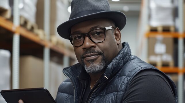 Senior man in a warehouse uses a tablet for stock management, showcasing dedication and efficiency during his workday.