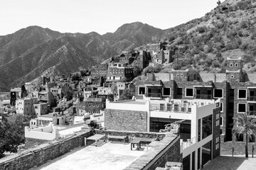 Panorama of beautiful historical houses and mosque minaret in Rijal Almaa heritage village in Saudi Arabia