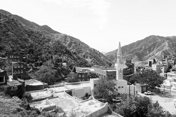 Panorama of beautiful historical houses and mosque minaret in Rijal Almaa heritage village in Saudi Arabia