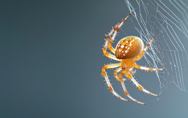Close-up of a spider on its web against a muted blue-gray background. The spider is yellowish-orange with white spots, its legs splayed across the intricate web