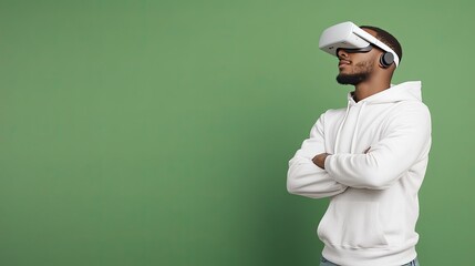 Youth experiences immersive virtual reality gaming, fully engaged with VR glasses and headphones in a bright green setting