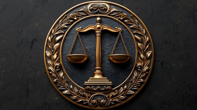 A professional and elegant logo design for a law firm, featuring a balanced scales of justice symbol within a circular badge, using gold and dark blue colors
