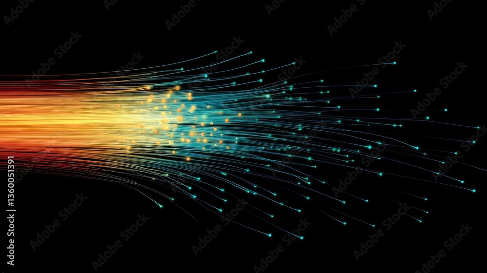 Poster abstract representation of colorful light trails moving dynamically against a dark background, symbo