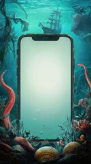 Underwater phone display showcases ocean environment with marine life and sunken ship backdrop.