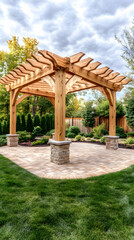 Wooden pergola in backyard garden