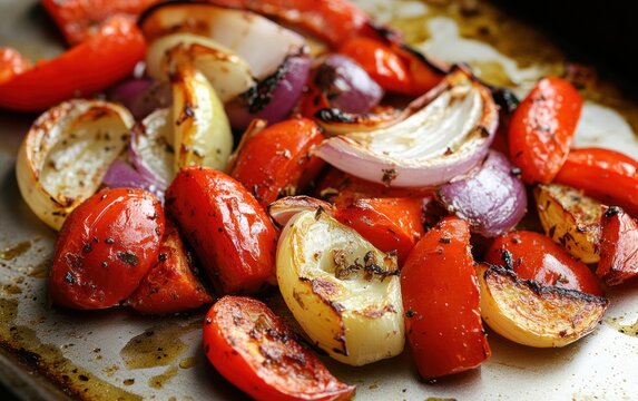 Roasted red and white onions and red bell peppers on a baking sheet. The vegetables are caramelized and glistening with oil