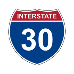 Interstate 30. Interstate highway sign. Road number. Signpost indicating route numbers in the U.S. Interstate Highway System. Even numbers run west to east. Odd numbers run north to south.