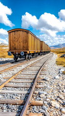 Fototapeta premium Wooden train cars on mountain railway, scenic background, travel poster