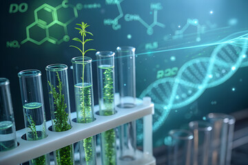 An abstract and futuristic science background featuring interconnected test tubes filled with green, genetically modified plant samples. Floating molecular structures, DNA strands, and glowing biochem