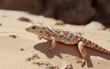 Close-up of a lizard with orange and white patterned scales on light brown sand, basking in sunlight