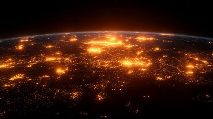 Obraz premium Earth at Night: Illuminated Cities from Space, A stunning view of Earth from space at night, showcasing illuminated cities and a glowing horizon