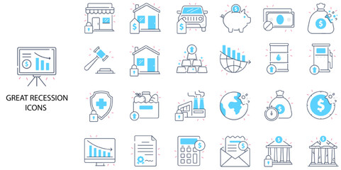 Great Recession simple concept 24 color icons set. Contains such bankrupt, bankruptcy, business, corporate, crash .Vector illustration.