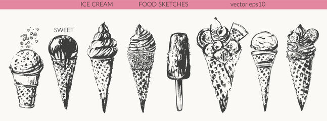 Hand drawn ice cream set. Ink food sketch drawing. Icecream cone, popsicle with fruit, sprinkles, chocolate.