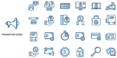 Promotion simple concept 24 color icons set. Contains such business, mentorship, recruitment, conference - event, business meeting .Vector illustration.