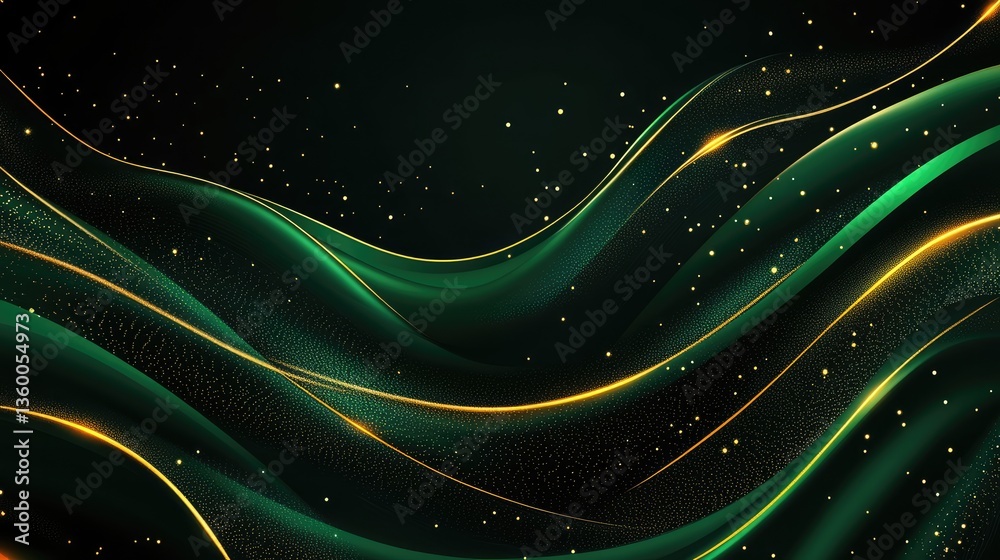 Poster abstract green and gold wave patterns with shimmering particles creating a dynamic background for de