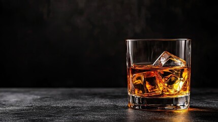 Glass of Whiskey with Ice Cubes on Dark Background for Beverage Lovers