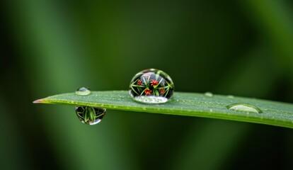 Macro shot of dewdrops on a grass blade reflecting tiny Zinnia flowers.