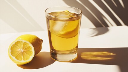 Fototapeta premium Refreshing Summer Drink with Lemon and Ice on White Surface with Shadow Play Refreshments