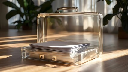 A clear briefcase with a handle containing stacks of white paper, illuminated by soft sunlight and surrounded by greenery. Concept Clear Briefcase, Stacks of White Paper, Soft Sunlight