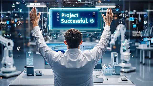 Man Celebrating Project Success with Holographic Display in Tech Lab for Innovation Campaigns