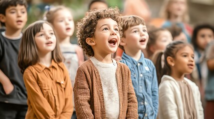 Diverse children practicing a school play on stage