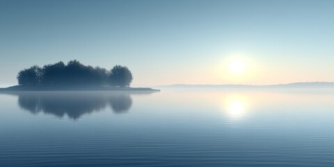 Fototapeta premium Serene Misty Morning Sunrise Lake Island Trees Peaceful Tranquil Nature Scene Calm Water Reflection Beautiful Landscape Photography Fog Sky