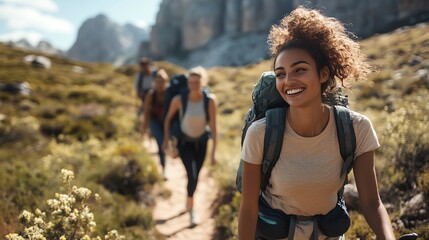 Diverse couples hiking together on a scenic mountain trail