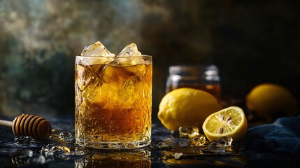 Refreshing Whiskey Sour with Ice Cubes Honey and Lemon Garnishes on a Dark Textured Background