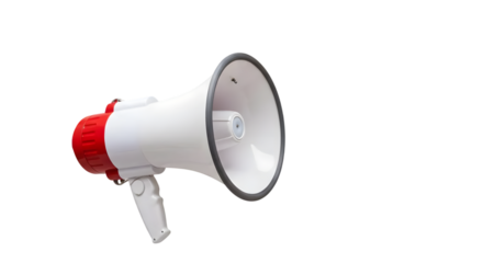 White megaphone with red handle isolated on a clean background suitable for announcements, events, and promotional activities in advertising or marketing.