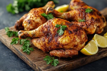 Three roasted chicken halves, golden brown and seasoned, rest on a dark wooden board. Fresh parsley and lemon wedges garnish the dish