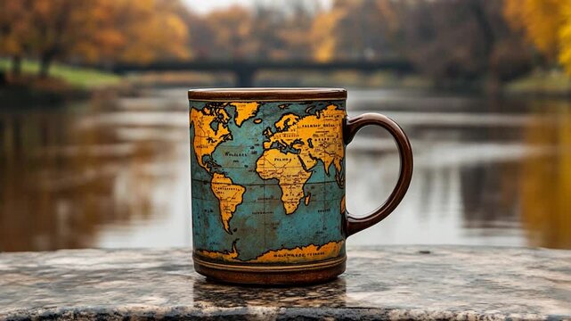 World map mug by riverside in autumn