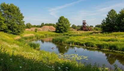 Obraz premium Picturesque scene featuring herons in a river with a historic mine tower.