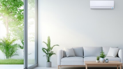 A modern living room featuring a light sofa, indoor plants, and large windows that bring in natural light, Sustainable Living, Sustainable Living.