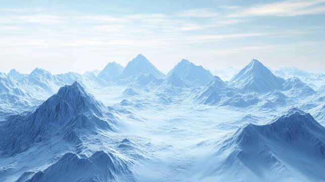 A 3D-generated digital landscape of icy mountains, evoking a sense of vastness and cold terrain