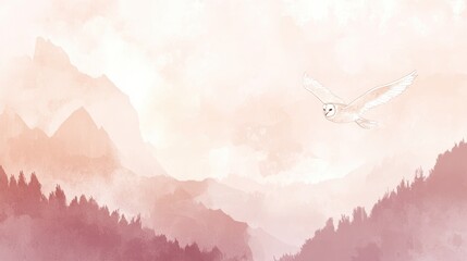 Obraz premium Serene Flight: An Owl Soaring Over Misty Mountains at Dawn