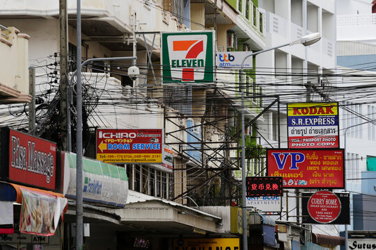 Pattaya, Thailand - May 2, 2022: 7-Eleven convenience store sign is seen, located in Soi Buakhao street.