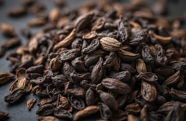 Obraz premium Close-up of black cardamom spice seeds. Aromatic pods pile for cooking, tea, herbal remedies, and wellness. Organic, natural food ingredient for healthy lifestyle.