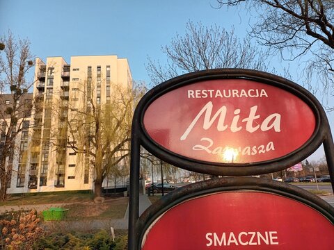 Polish Mila restaurant board in Poznan, Poland