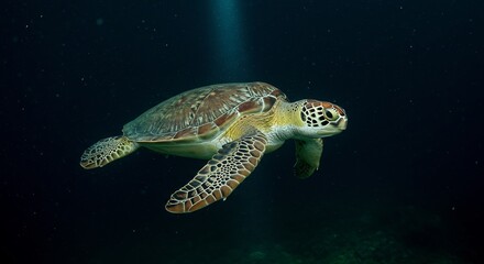 Sea Turtle Night Dive Mysterious Ocean Light. AI Generated