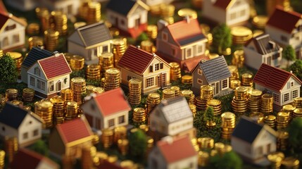 Tiny houses, golden coins forming a property landscape, 3D illustration. 