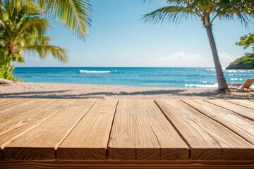 Empty wood table over blurred blue sea and beach background in sunny summer day.