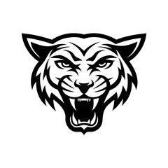 Fototapeta premium fierce wildcat head, roaring, black and white illustration. The image conveys strength and power, perfect for representing an aggressive and dominant nature