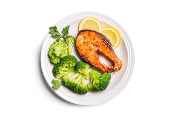 Roasted Salmon fish steak with steamed broccoli vegetables