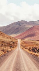 Scenic desert road leading to colorful mountain landscape under cloudy sky