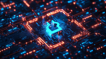 Fototapeta premium A 3D-rendered digital security icon featuring a glowing blue lock embedded within a circuit pattern, symbolizing cybersecurity and data protection