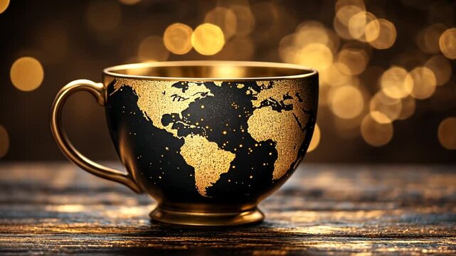 Golden cup with world map design, bokeh background, still life, studio shot, decorative object, elegant, table setting