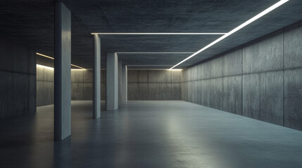 A 3D-rendered empty dark concrete room, with smooth interior surfaces and illuminated architectural elements