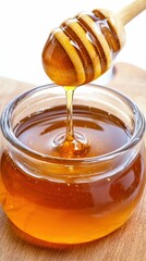 Golden honey dripping from wooden honey dipper into glass jar