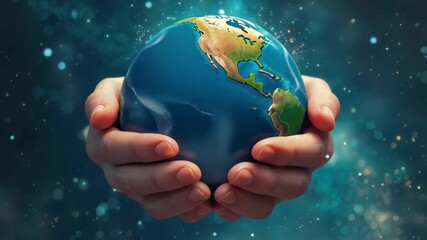 Hands holding spining Earth globe, symbolizing care for the planet and environmental sustainability, eco-friendly earth day concept.