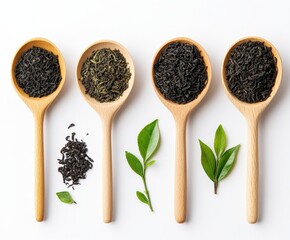 Neatly Arranged Mature Tea Leaves and Sprigs on Wooden Spoons with Neutral Background